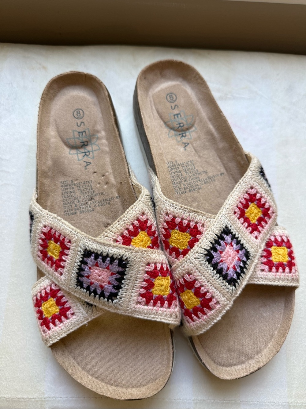 Serra Beige Slide Sandals with Multicolor Crochet Squares